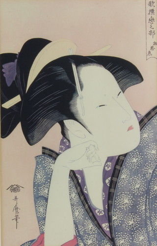 Japanese coloured woodblock print , study of a geisha with script to the side 37cm x 23cm 