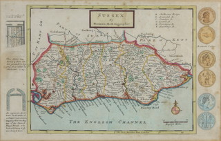 Herman Moll (1624-1732) a coloured map of Sussex 21cm x 33cm 