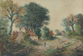 C Taylor, 19th Century watercolour, rural scene with lane, cottage and figures 37cm x 54cm, signed and dated C Taylor 1883 
