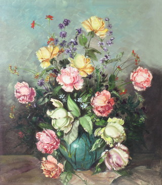 Schmitz, oil on canvas, still life study of a vase of roses 67cm x 58cm 