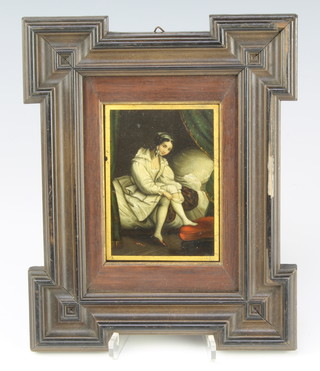 Continental portrait miniature on metal panel of an 18th Century seated lady putting on stockings 9cm x 7cm
