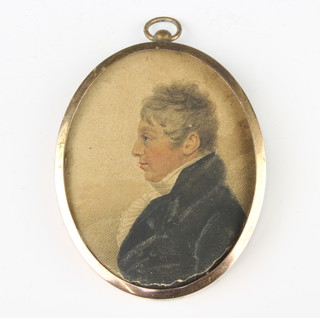 A 19th Century miniature watercolour, unsigned, portrait of a gentleman with ruff collar, label en verso D T Macnamara second cousin of Major William Conway Harpolly physician to Napoleon 8cm x 5.5cm 