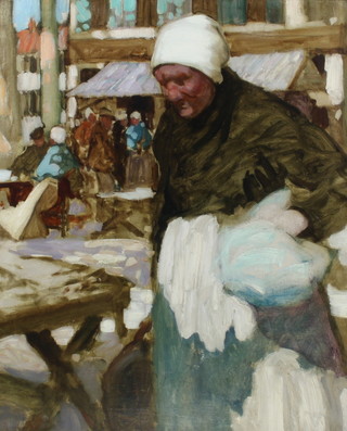 W L Hankey, oil on canvas, study of a French peasant woman in market square, indistinctly signed to bottom left hand corner  59cm x 48cm 