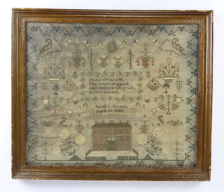 A William IV woolwork sampler with house, birds, flowers and motto - Make virtue still the constant guard and heaven will grant a sure reward, by Sarah Osman April 16 1828 39cm x 47cm 