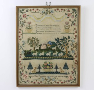 A George III woolwork sampler with motto and couple with flock of sheep by trees, by Ann Hoare  - finished this work in the twelfth year of her age 1800 42cm x 32cm