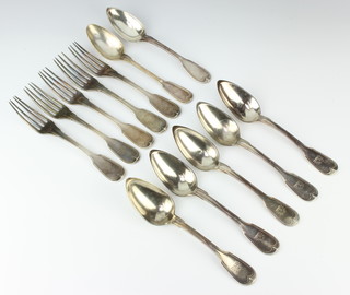 Six 19th French silver table spoons and 5 ditto forks, 850 grams