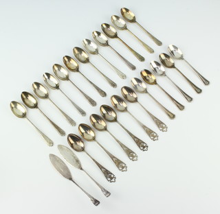 Six Scottish silver teaspoons with pierced handles, Edinburgh 1971, minor teaspoons and a butter knife, 315 grams