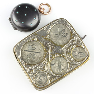 An Edwardian gun metal turquoise set sovereign case together with a plated coin holder 