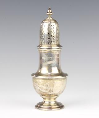 A silver sugar shaker of vase form, marks rubbed, 18cm, 185 grams