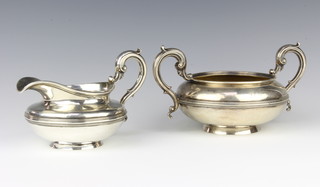 A George IV silver cream jug and sugar bowl with S scroll handles, London 1835, 651 grams
