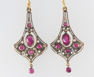 A pair of silver gilt Edwardian style diamond and ruby earrings 