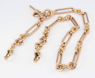 A 9ct yellow gold fancy link Albert with T bar and 2 clasps, all by the same maker, 46.1 grams 