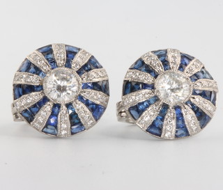 A pair of circular platinum sapphire and diamond Art Deco style ear studs 15mm 