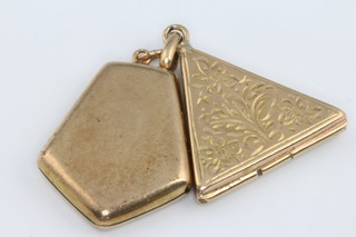 A 9ct yellow gold triangular locket (2.7g) and a gold plated locket
