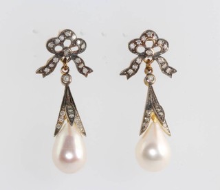 A pair of Edwardian style silver gilt cultured pearl and diamond drop earrings 