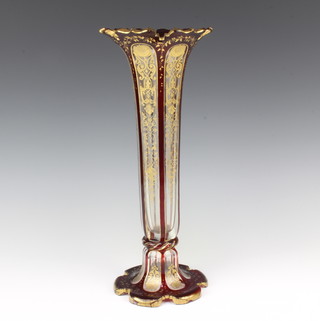 A Victorian Bohemian red and gold overlay trumpet shaped glass vase 36cm  