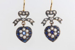A pair of silver gilt Edwardian style diamond, sapphire and seed pearl earrings 
