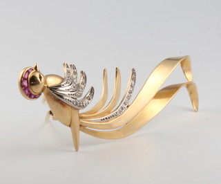 An 18ct yellow gold ruby and diamond bird brooch 11.7 grams, 80mm