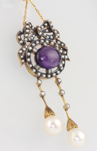 An Edwardian style silver gilt cabuchon amethyst, pearl and diamond pendant 
