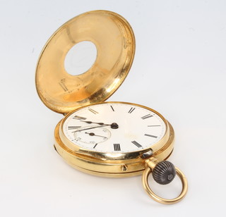 An 18ct yellow gold half hunter pocket watch with blue enamelled numerals, the white enamelled dial with seconds at 6 o'clock with chased monogram 50mm 