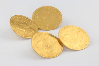 A pair of gold cufflinks mounted each with two 5 franc coins with gold spacers, 8 grams