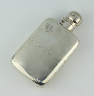 An Edwardian silver hip flask with silver base cup engraved monogram, London 1900, 14cm 197 grams