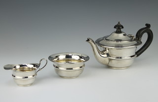 A batchelor's silver 3 piece tea set with ribbed decoration and ebony mounts Birmingham 1917, gross weight 265 grams 