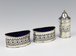 A pair of pierced silver table salts and a ditto pepperette Birmingham 1901 and 1912, 82 grams 