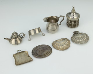 A 19th Century Continental miniature silver baluster jug with S scroll handle 4.5cm, a ditto teapot, purse and 6 other items