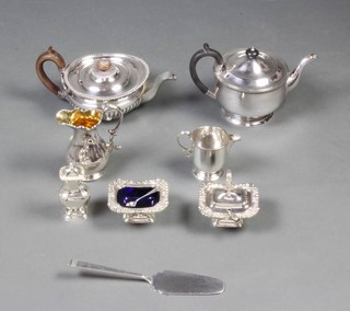 A silver plated demi-fluted teapot and minor plated items