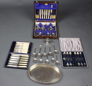 A silver plated pepper mill, an oval tray, 3 cased sets and minor cutlery 
