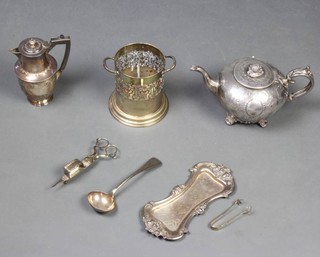A Victorian silver plated melon shaped teapot and minor plated items