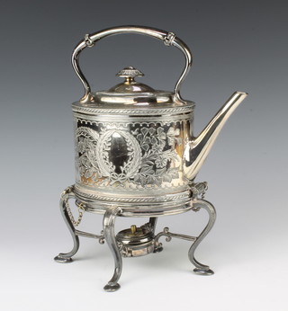 An Edwardian silver plated tea kettle on stand with burner 