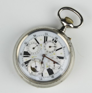 An Edwardian style chromium cased chronograph pocket watch with 4 subsidiary dials 80mm 
