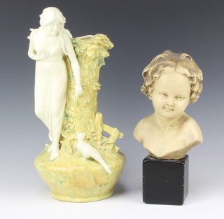 A plaster head and shoulders portrait bust of a child 25cm raised on a square base 8cm x 8cm and an Art Nouveau style continental vase decorated a lady by a tree stump the base incised 3931 36cm 