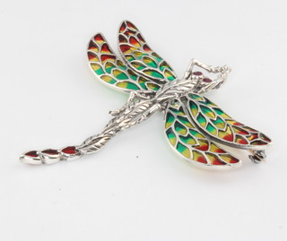 A silver enamelled dragonfly brooch 58mm 