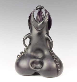A purple Art Glass shaped 3 handled vase of organic form 29cm 
