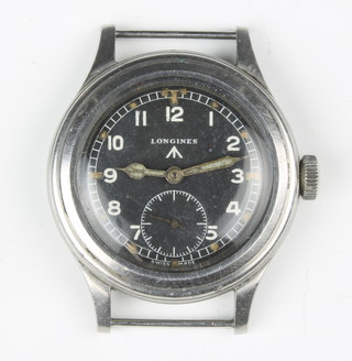A Longines Army issue  black dial wristwatch with seconds at 6 o'clock the steel case stamped 23088 1835 WWW F5559 38mm, there are movement parts missing, additional photographs have been added to the website 