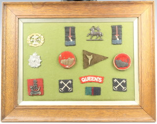 A collection of cap badges including South Lancashire Regt., The Border Regt., various flashes etc, framed 