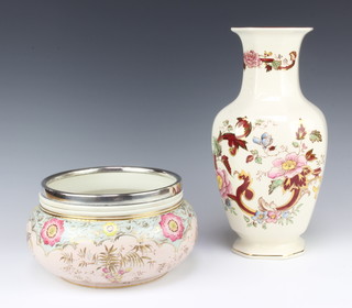 A Masons Mandalay red patterned club shaped vase 30cm and an Edwardian circular pottery bowl with plated mount 20cm 
