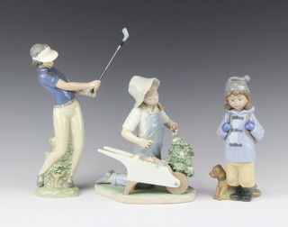 3 Nao figures - kneeling girl gardener with wheelbarrow 17cm (f and r), gentleman golfer 24cm and girl hiker 19cm 