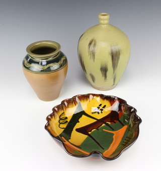 A B and J Saxton, Warrington Lincs, Art Pottery vase 18cm, a Chinese style Art Pottery vase 25cm and a circular brown glazed Art Pottery bowl 26cm (chip to rim)  