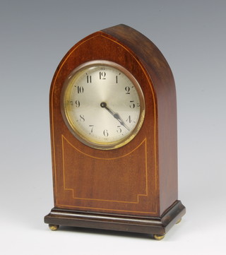 A bedroom timepiece with silvered dial contained in an inlaid mahogany lancet case, the back plate marked an J within a star 