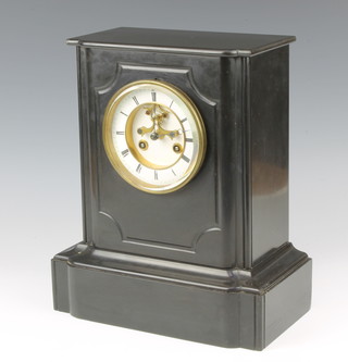 Japy Ltd, a 19th Century French 8 day striking mantel clock with enamelled dial and visible escapement contained in a black marble case (bell and key missing) 