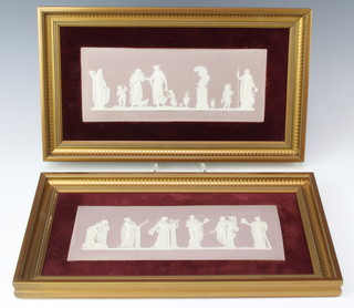 A pair of "Wedgwood" pink Jasperware plaques decorated classical figures 11cm x 25cm  