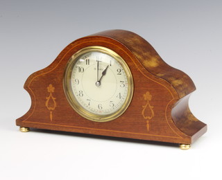 Japy Freres, a French 8 day  bedroom timepiece with paper dial and Roman numerals contained in an arched shaped inlaid mahogany case 