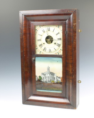 Smith Thomas, a 30 hour American striking wall clock with painted dial contained in a mahogany case with glass transfer panel decorated Merchants Exchange Philadelphia 