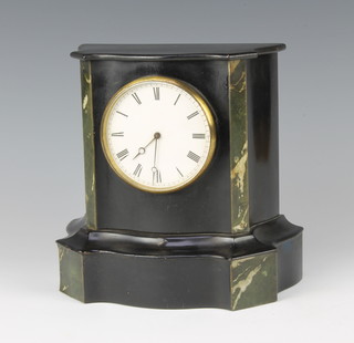 VAP, A Victorian French mantel timepiece, the painted dial with Roman numerals contained a black painted wooden case with 2 colour marble inserts to the sides 
