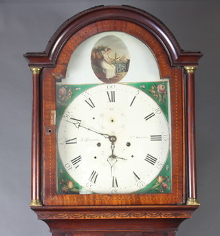 T J Davis of North Shields, an 18th Century 8 day striking longcase clock, the 32cm arched dial painted a figure of Hope and with floral spandrels, minute indicator and date dial, contained in an inlaid mahogany, complete with key, weights and pendulum 214cm h