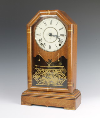 Smith Thomas, an American striking shelf clock with painted dial and Roman numerals contained in a walnut effect case enclosed by a glazed panelled door complete with key and pendulum 